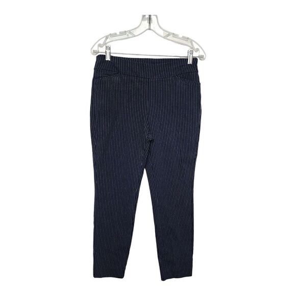 Chicos Women's Navy Blue Striped Stretch Pull-On Slim Leg Pants Size